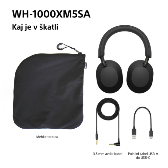 SONY BT slušalke WH1000XM5SAB.CE7 mehka torbica